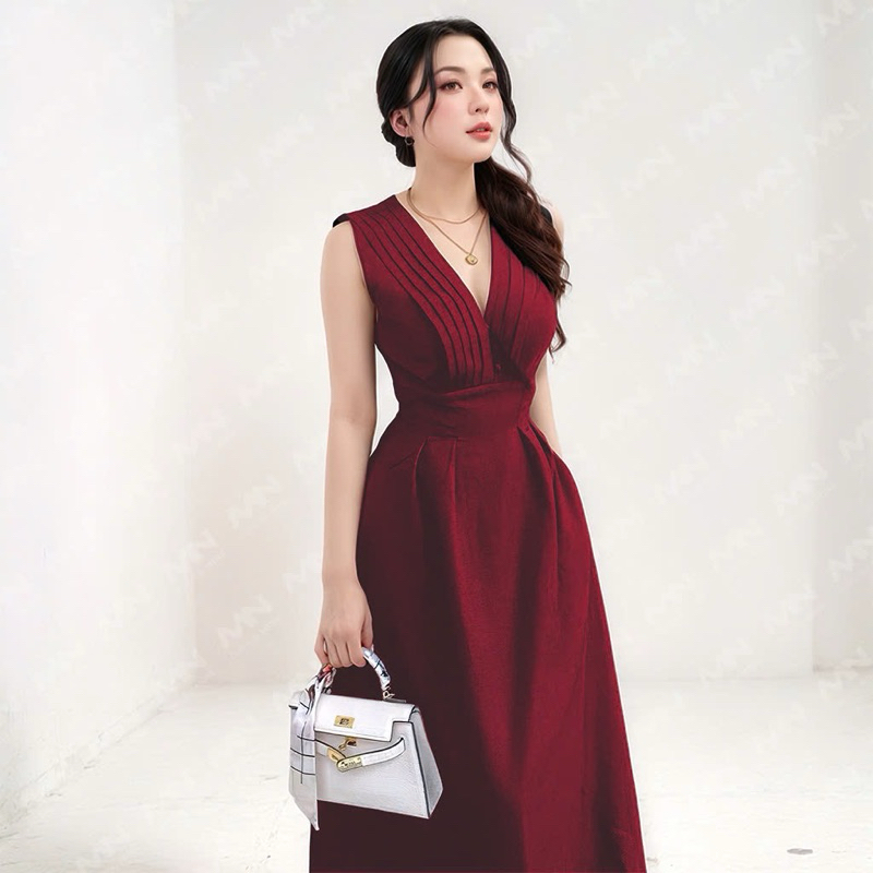 Ảnh Đầm dự tiệc MINA thiết kế dáng suông midi chất Cotton màu đỏ đô MN182 3