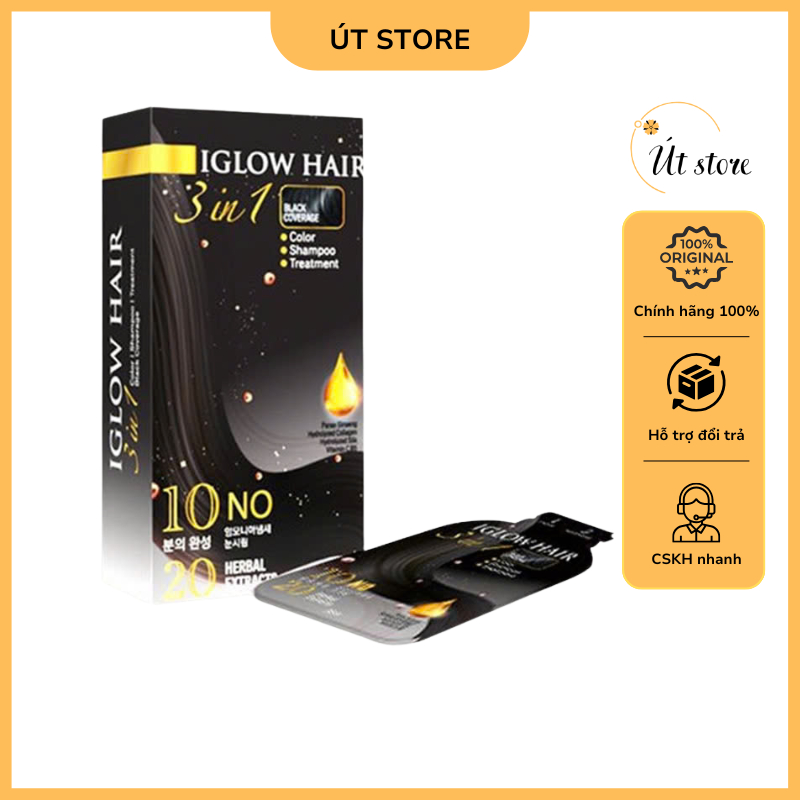 Dầu gội phủ bạc tóc Iglow Hair 3 in 1 Black Coverage Hàn Quốc - Gói 15ml, hộp 5 gói