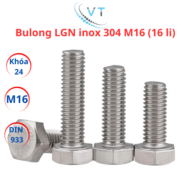 Bulong inox 304 M16 (16 li) đủ size từ 30-100mm. Set 1 bộ (Bulong + tán)