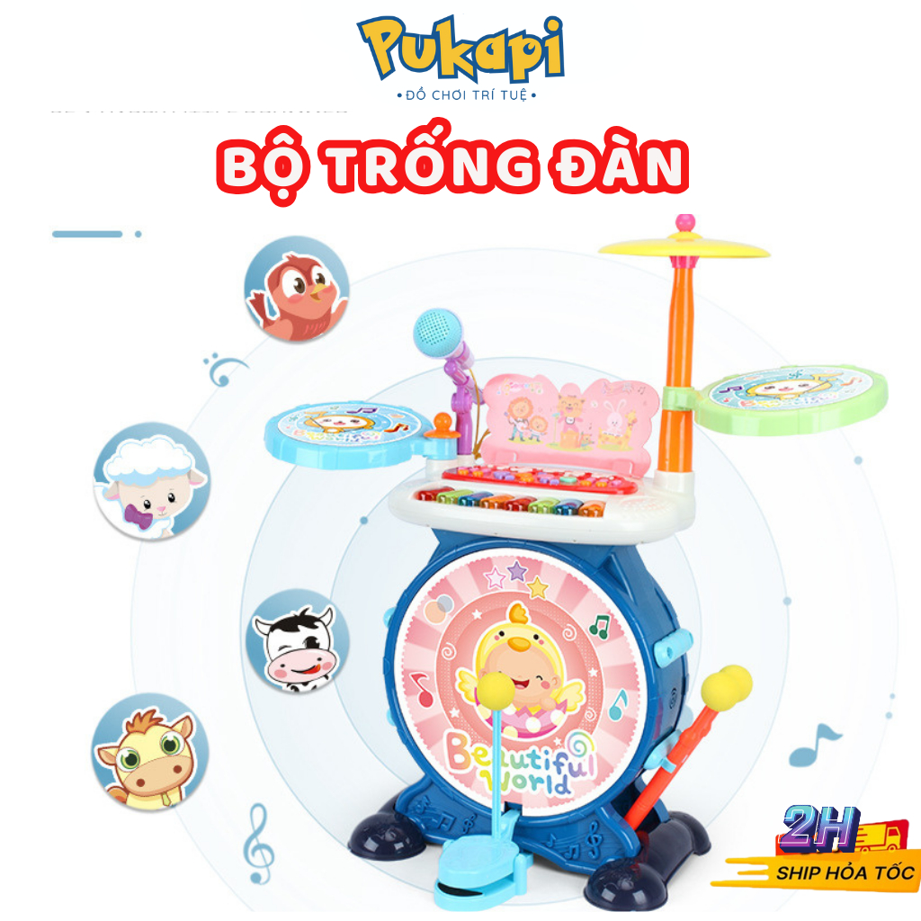 Bộ Trống Đồ Chơi Kèm Đàn Cho Bé Cỡ Lớn Nhiều Chức Năng Có Đèn Có Nhạc Mic - Đồ Chơi Cho Bé PUKAPI