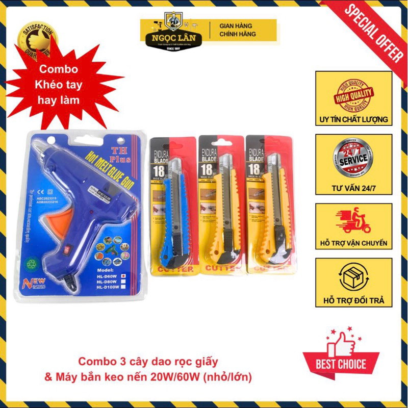 Combo dụng cụ bắn keo nến va 3 dao rọc giấy bản lớn 18mm