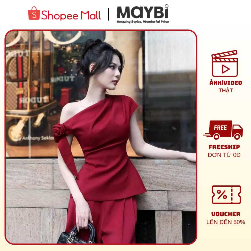 MAYBI Set Áo Lệch Vai Cotton Đỏ &Quần Dài - Thời Trang, Trẻ Trung