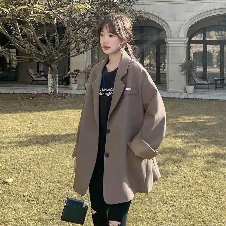 MEIQUIYI Áo khoác blazer Hàn Quốc phom rộng gắn tag ngực, áo không đệm vai