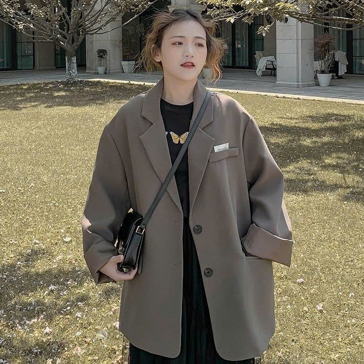 MEIQUIYI Áo khoác blazer Hàn Quốc phom rộng gắn tag ngực, áo không đệm vai
