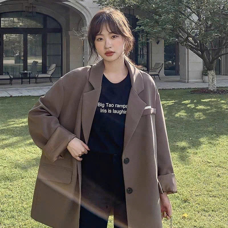MEIQUIYI Áo khoác blazer Hàn Quốc phom rộng gắn tag ngực, áo không đệm vai