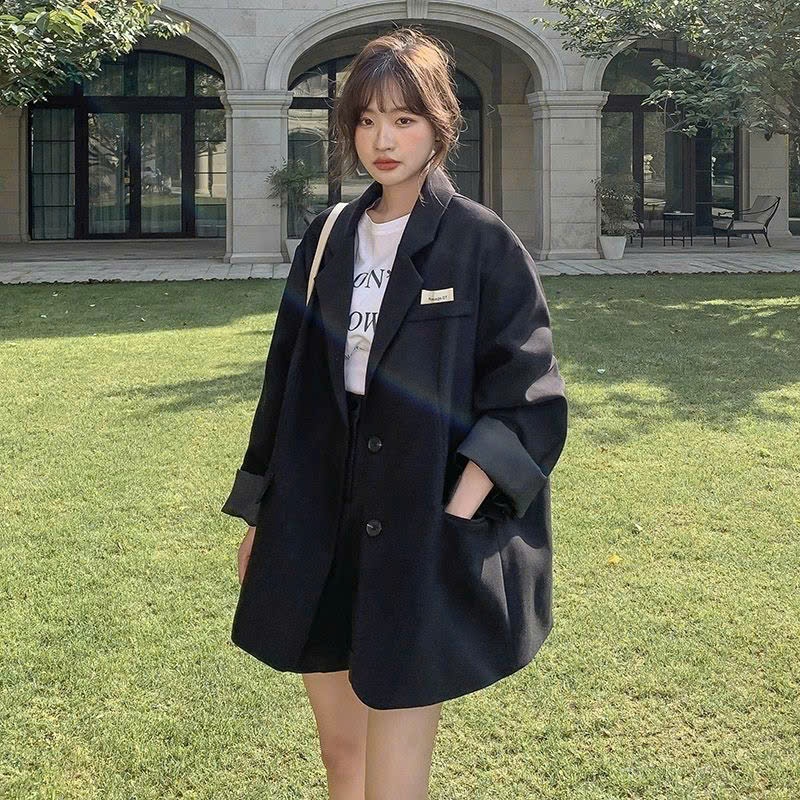 MEIQUIYI Áo khoác blazer Hàn Quốc phom rộng gắn tag ngực, áo không đệm vai