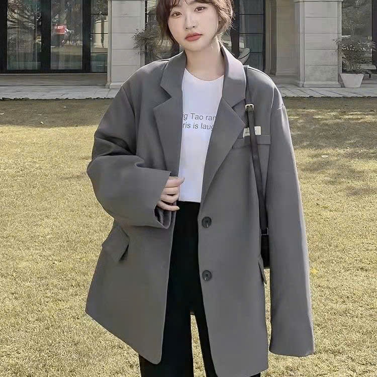 MEIQUIYI Áo khoác blazer Hàn Quốc phom rộng gắn tag ngực, áo không đệm vai