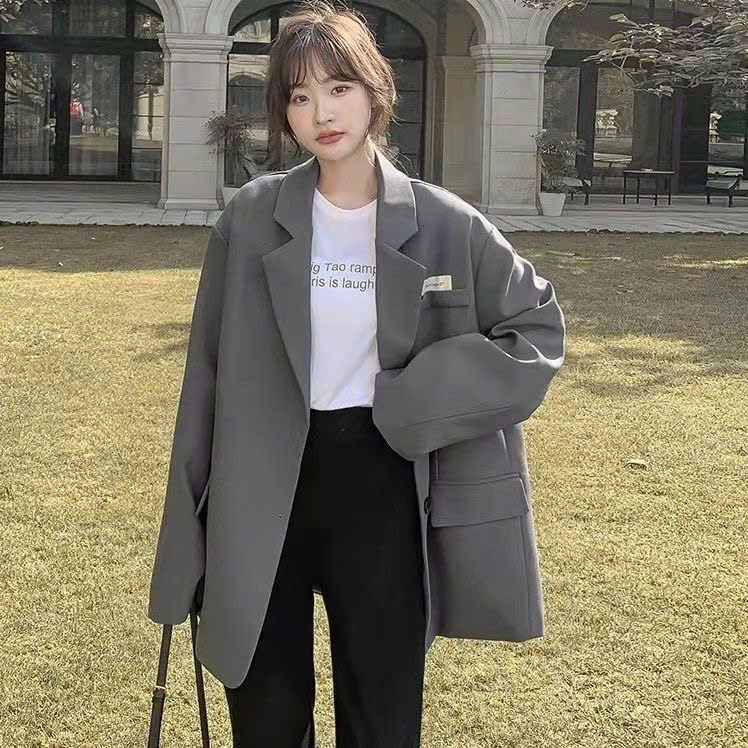 MEIQUIYI Áo khoác blazer Hàn Quốc phom rộng gắn tag ngực, áo không đệm vai