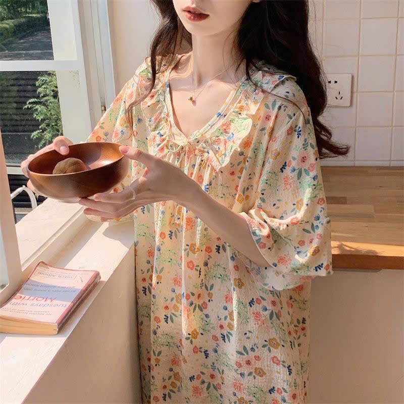 MEIQUIYI Đầm nữ bèo mặc ở nhà hoạ tiết in hoa lá nhiều mẫu lựa chọn