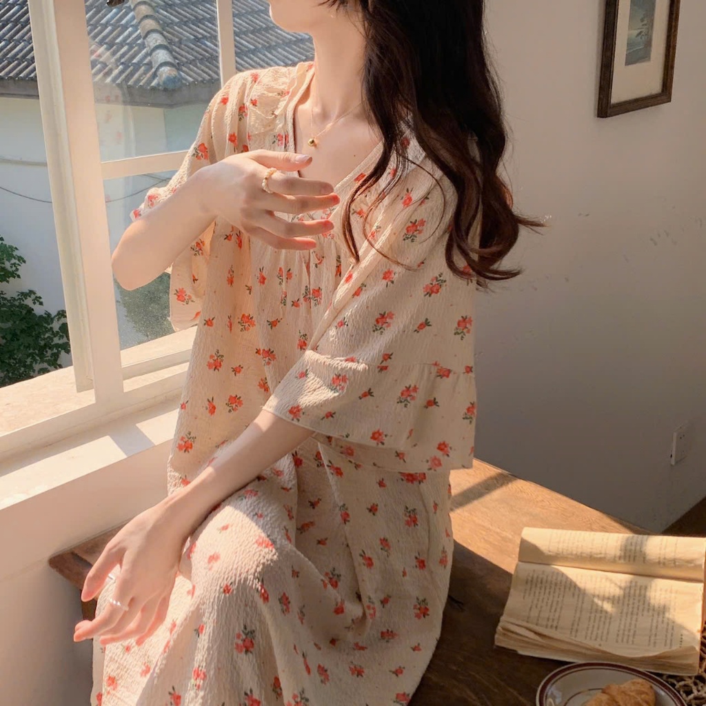 MEIQUIYI Đầm nữ bèo mặc ở nhà hoạ tiết in hoa lá nhiều mẫu lựa chọn