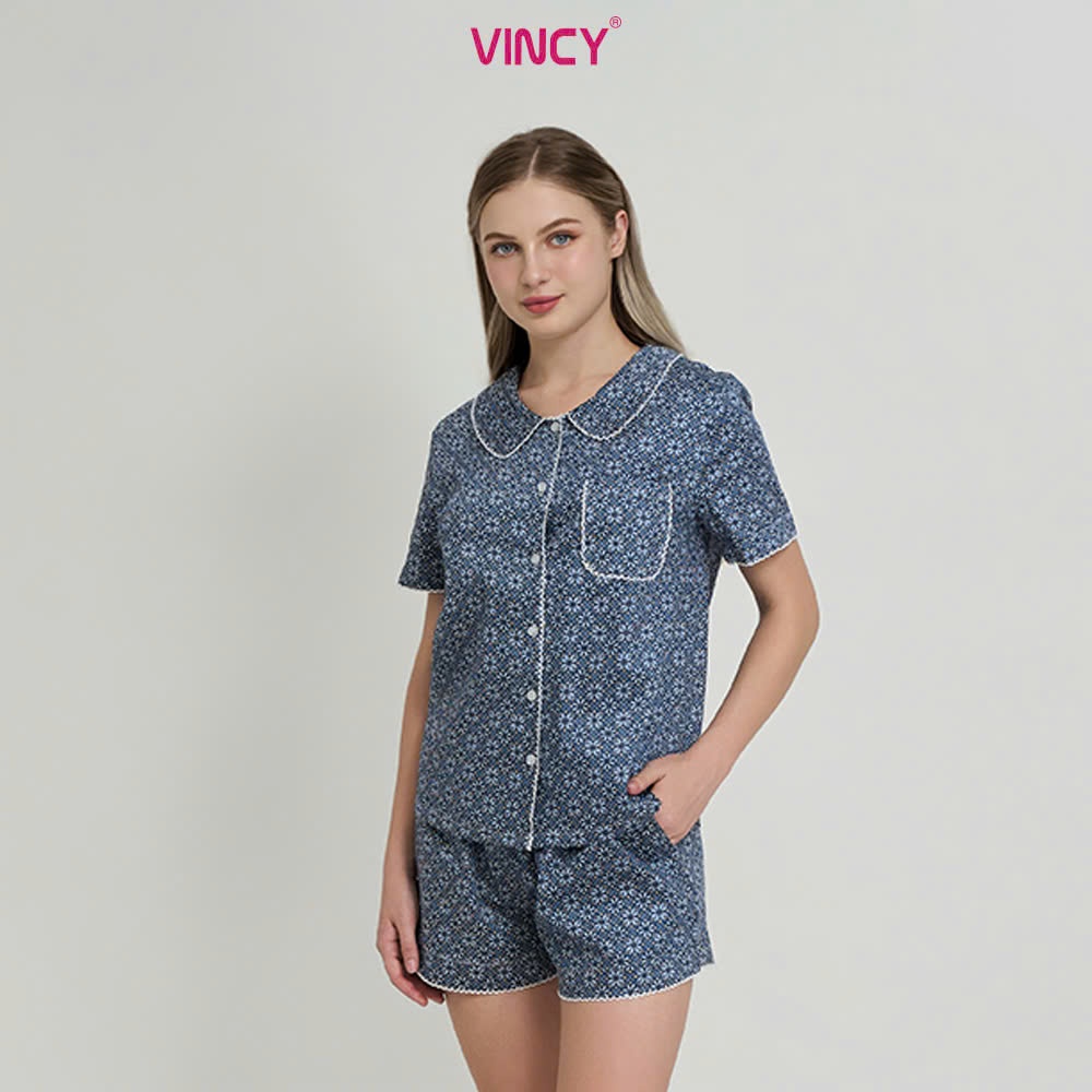 Ảnh Bộ pijama short chất kate cổ lá sen, họa tiết cho Noel BSK050W33 4