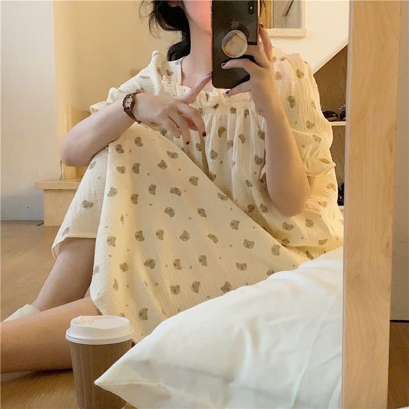 MEIQUIYI Đầm nhăn tay bèo dáng suông in hình gấu mặc ở nhà cho nữ