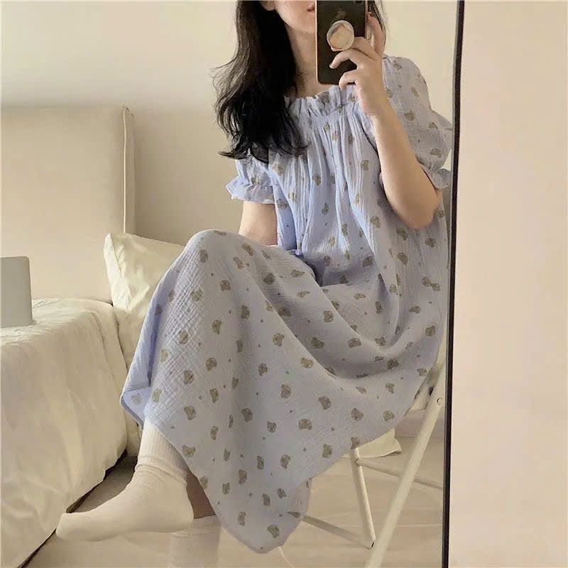 MEIQUIYI Đầm nhăn tay bèo dáng suông in hình gấu mặc ở nhà cho nữ