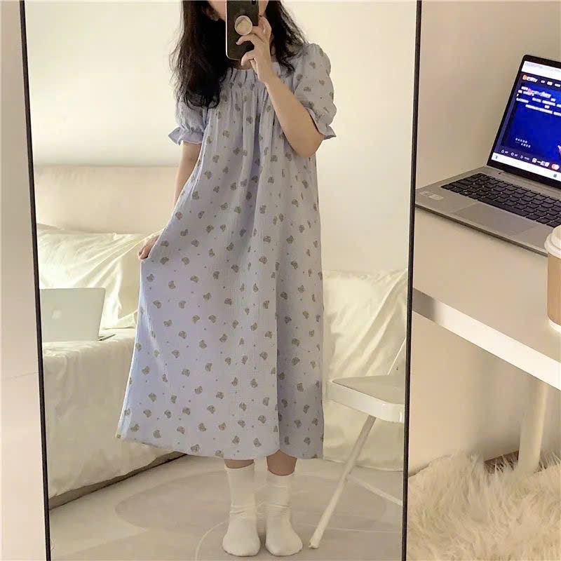 MEIQUIYI Đầm nhăn tay bèo dáng suông in hình gấu mặc ở nhà cho nữ