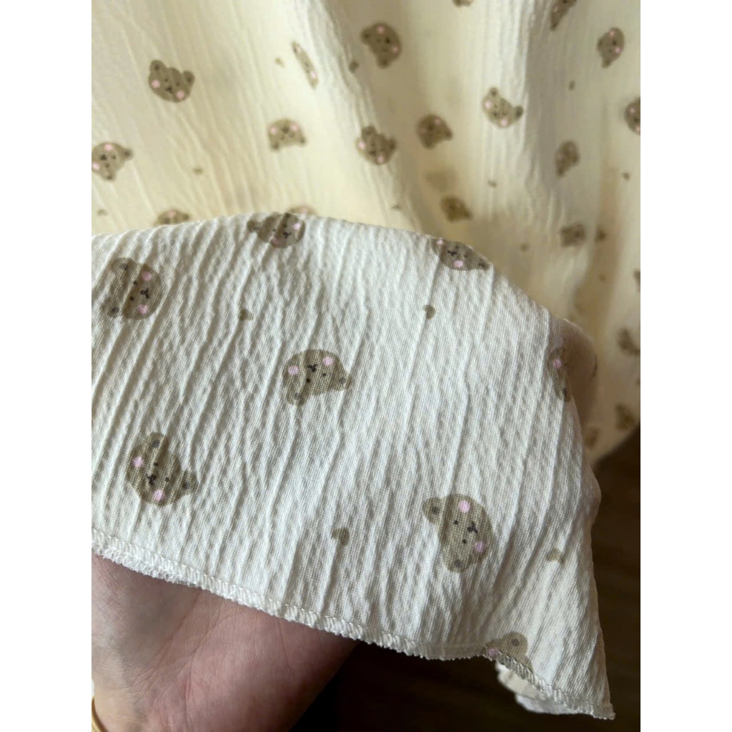 MEIQUIYI Đầm nhăn tay bèo dáng suông in hình gấu mặc ở nhà cho nữ