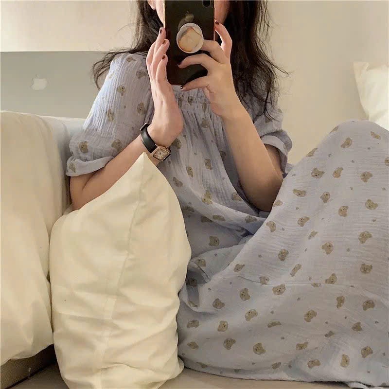 MEIQUIYI Đầm nhăn tay bèo dáng suông in hình gấu mặc ở nhà cho nữ