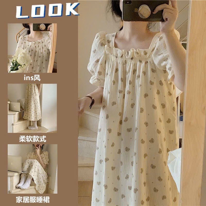 MEIQUIYI Đầm nhăn tay bèo dáng suông in hình gấu mặc ở nhà cho nữ