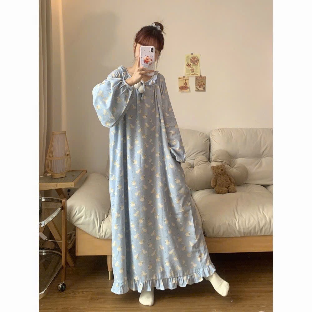 MEIQUIYI Đầm bèo xanh mặc ở nhà phom dài dưới gối cổ bèo kèm cục bông trắng