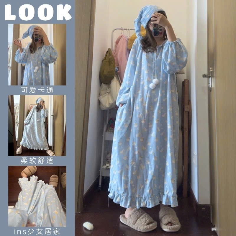 MEIQUIYI Đầm bèo xanh mặc ở nhà phom dài dưới gối cổ bèo kèm cục bông trắng