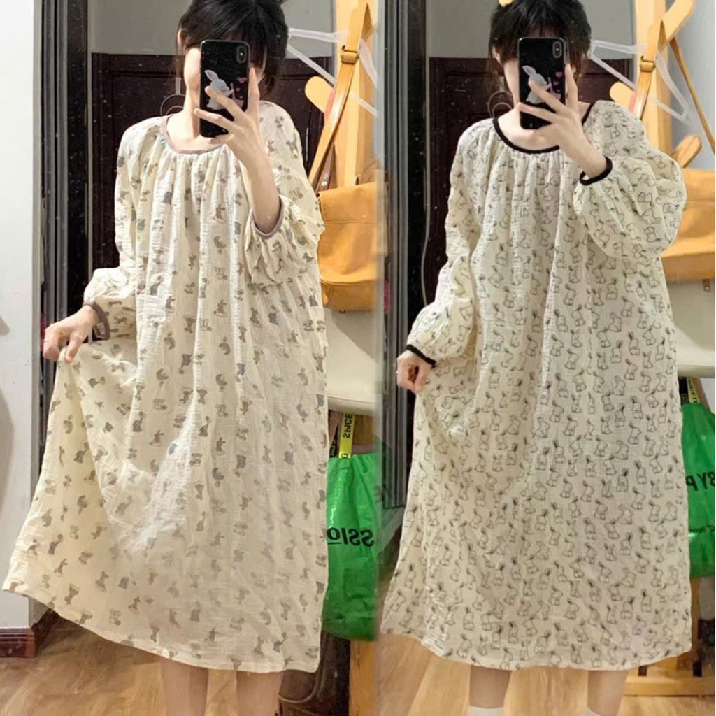 MEIQUIYI Đầm nữ tay dài dáng suông cổ tròn bo viền mặc ở nhà in hoạ tiết hoạt hình