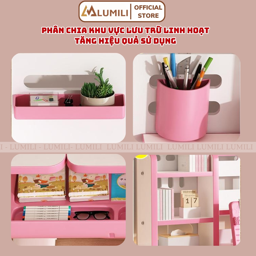 Bàn học trẻ em chống gù Lumili E13, bàn ngồi học cho bé kèm ghế xoay cao cấp,có kệ sách,mặt bàn đôi