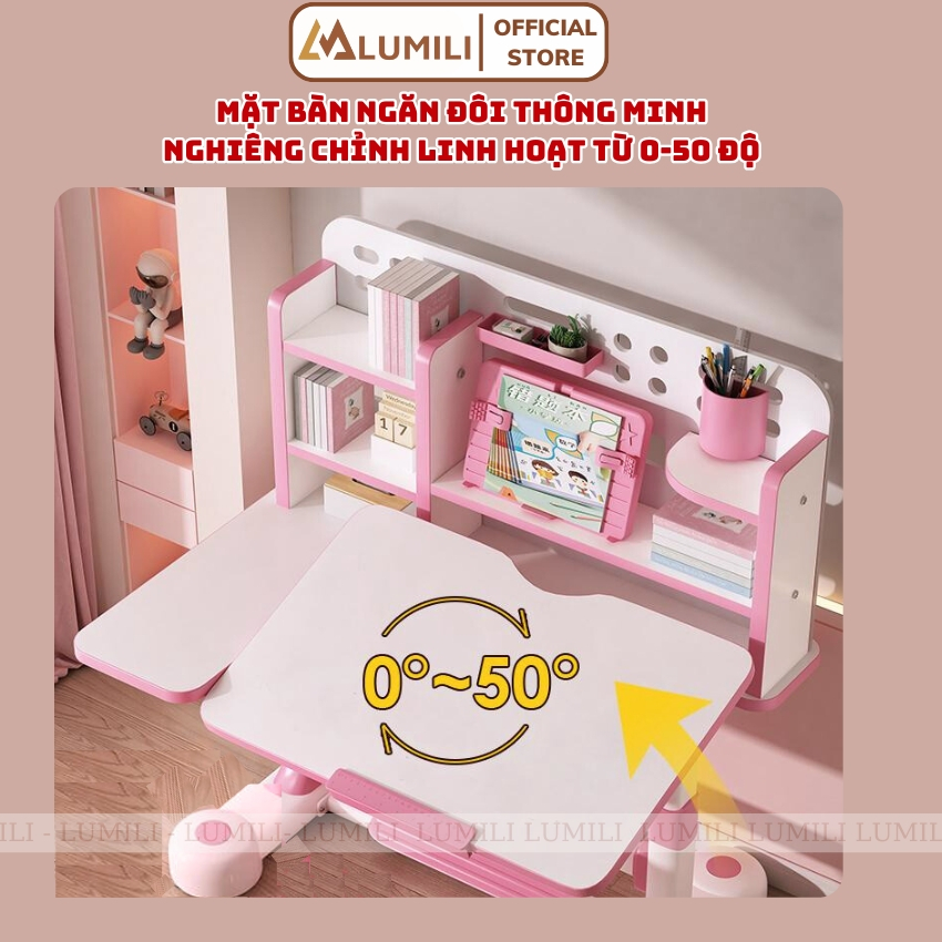 Bàn học trẻ em chống gù Lumili E13, bàn ngồi học cho bé kèm ghế xoay cao cấp,có kệ sách,mặt bàn đôi