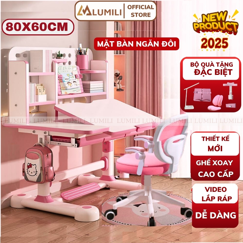Bàn học trẻ em chống gù Lumili E13, bàn ngồi học cho bé kèm ghế xoay cao cấp,có kệ sách,mặt bàn đôi