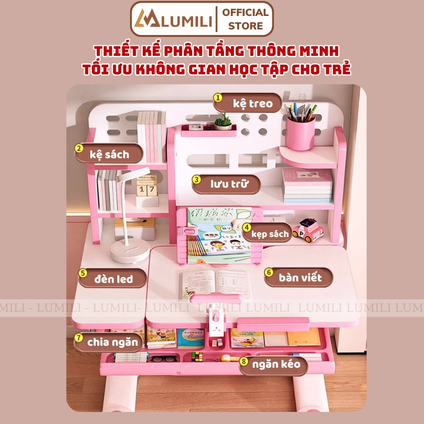 Bàn học trẻ em chống gù Lumili E13, bàn ngồi học cho bé kèm ghế xoay cao cấp,có kệ sách,mặt bàn đôi