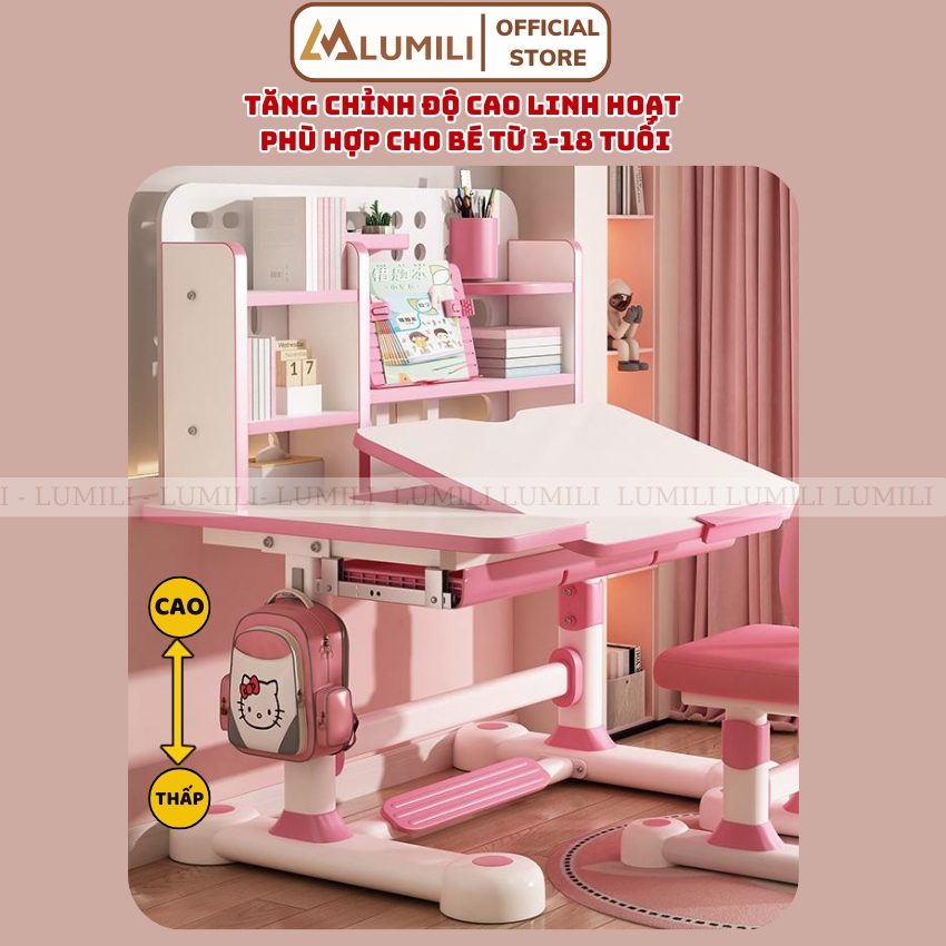 Bàn học trẻ em chống gù Lumili E13, bàn ngồi học cho bé kèm ghế xoay cao cấp,có kệ sách,mặt bàn đôi