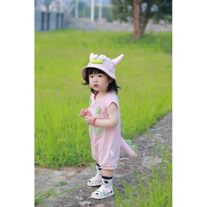 (Order) Bộ liền thân cosplay khủng long Monster có đuôi kèm tất + mũ màu xanh/ hồng cho bé trai - bé gái