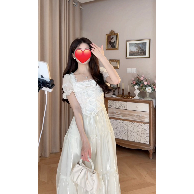Đầm tiểu thư dáng dài MeMe thiết kế cổ chữ U phối ren đan dây eo tinh tế tùng váy xoè nhẹ nhàng dự tiệc [TLV22]
