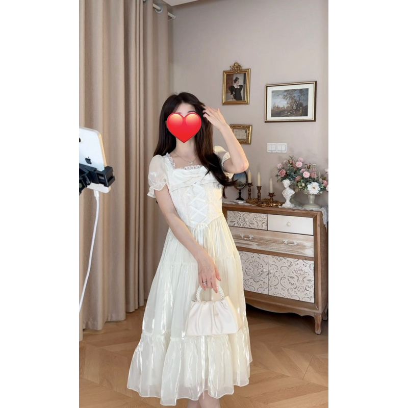 Đầm tiểu thư dáng dài MeMe thiết kế cổ chữ U phối ren đan dây eo tinh tế tùng váy xoè nhẹ nhàng dự tiệc [TLV22]