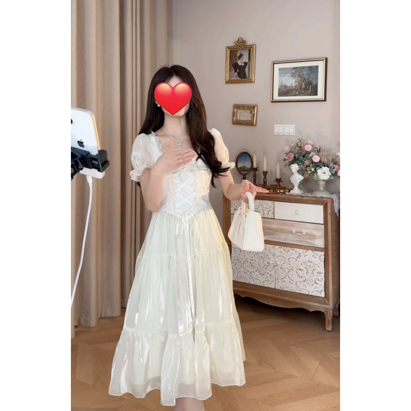Đầm tiểu thư dáng dài MeMe thiết kế cổ chữ U phối ren đan dây eo tinh tế tùng váy xoè nhẹ nhàng dự tiệc [TLV22]