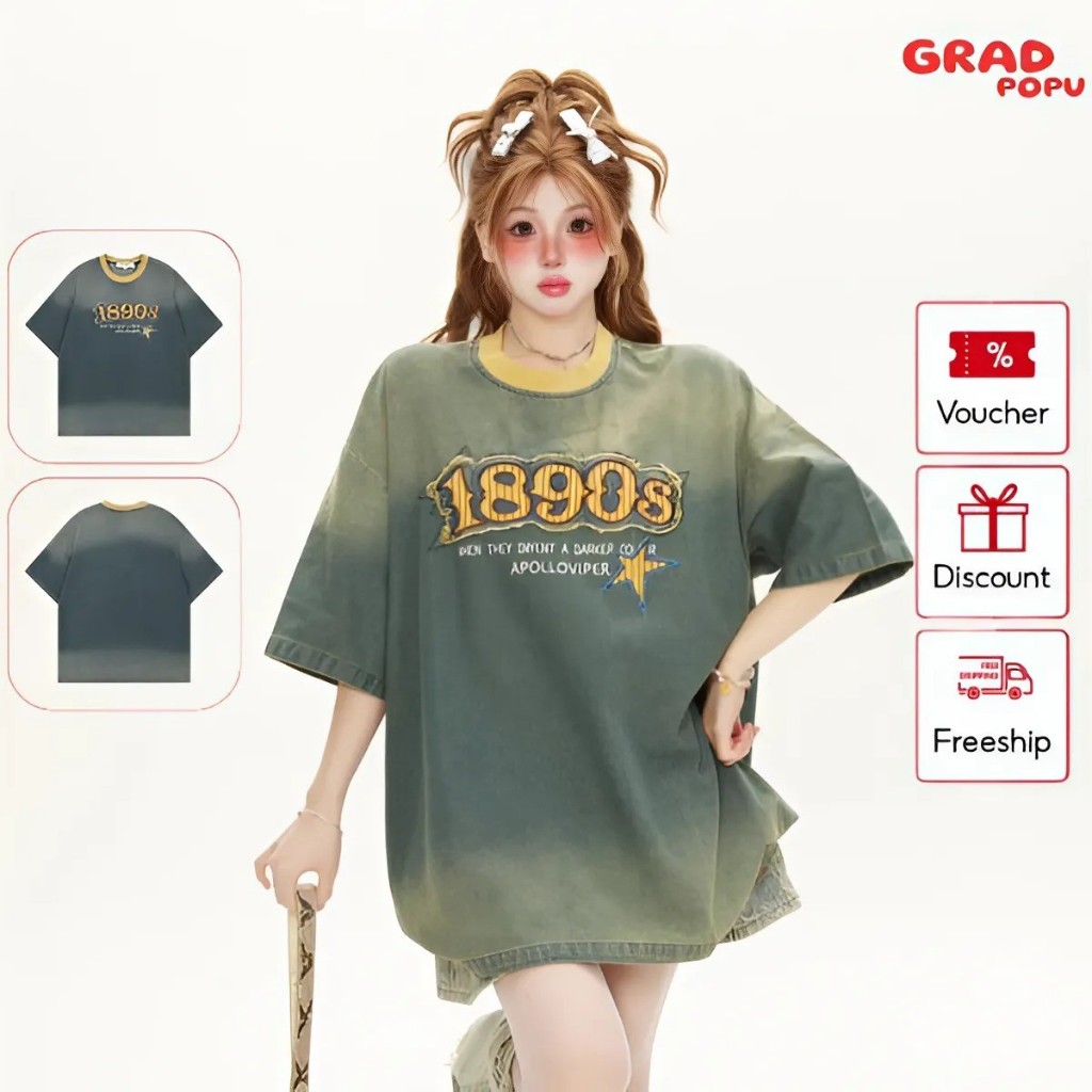 Áo thun nữ tay ngắn GRADPOPU PAT141 cổ tròn form rộng basic, áo phông denim nhuộm màu thêu chữ cao cấp