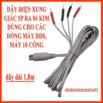 Dây điện xung giắc 5P với 04 đầu ra kim đỏ đen Máy Điện Xung, Máy Điện Sinh Học, máy DDS... dài 1,8m