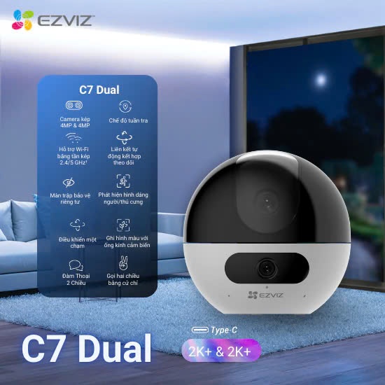 Camera Wifi EZVIZ 2 Mắt C7 Dual 2K+ (4MP + 4MP)Trong Nhà Cao Cấp, Xoay ...