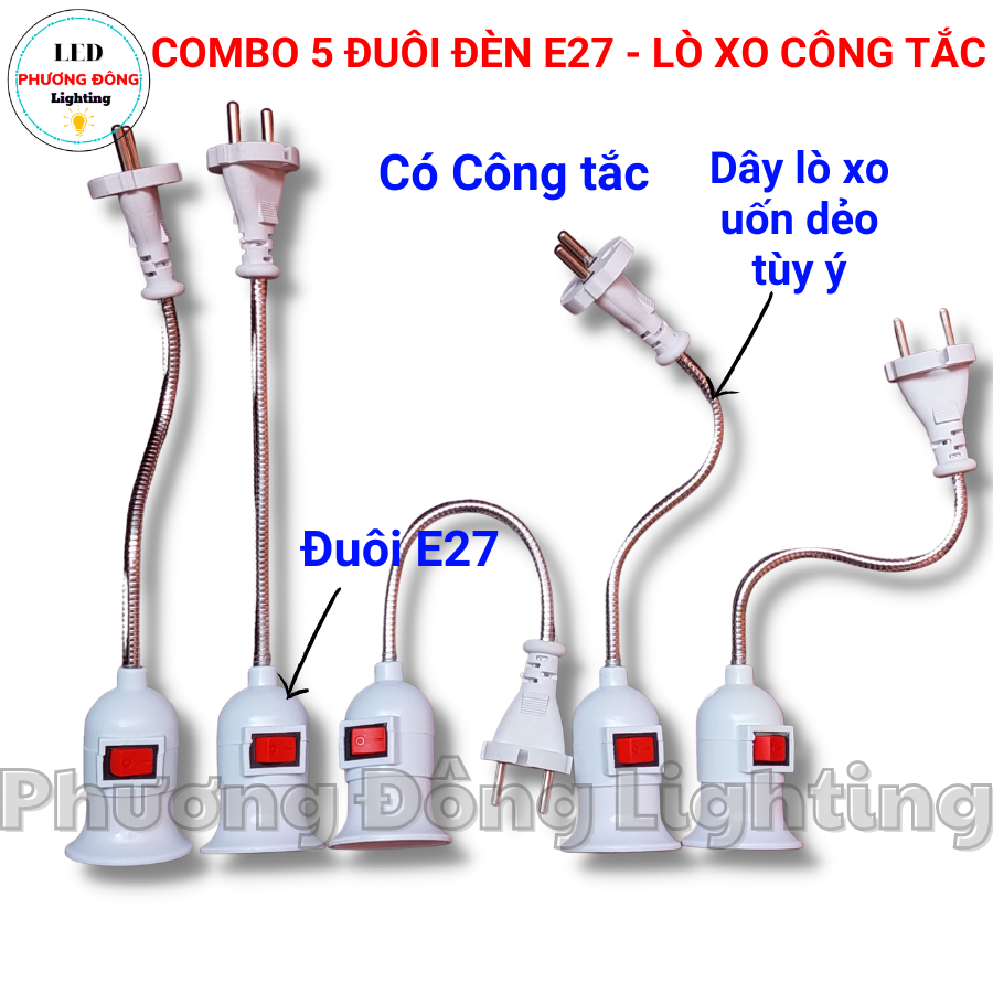 Combo 5 Đuôi đèn E27 có công tắc - Dây lò xo uốn cong tùy ý Phích cắm chân tròn
