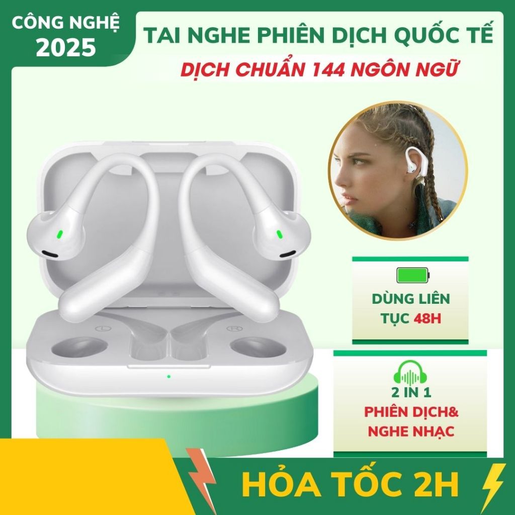 Tai nghe phiên dịch thông minh dịch 144 ngôn ngữ chính xác, Máy phiên dịch nhét tại tiện lợi kết nối App phiên bản 2025