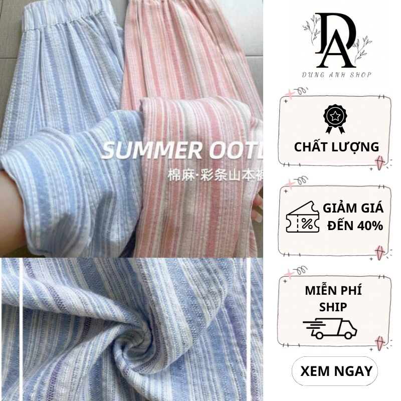 Quần Ống Rộng Nữ Họa Tiết Kẻ Sọc Chất Vải Đũi Thô Siêu Mềm Mát Mặc Mùa Hè