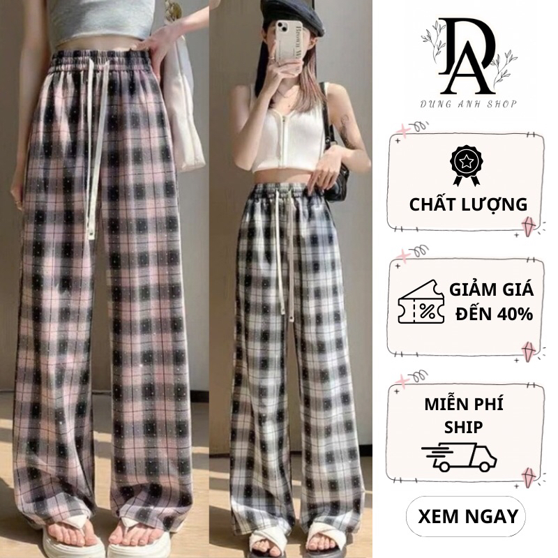 Quần Ống Rộng Kẻ Caro Đính Đá Siêu Hot Chất Vải Thô Mềm Mại Thoáng Mát