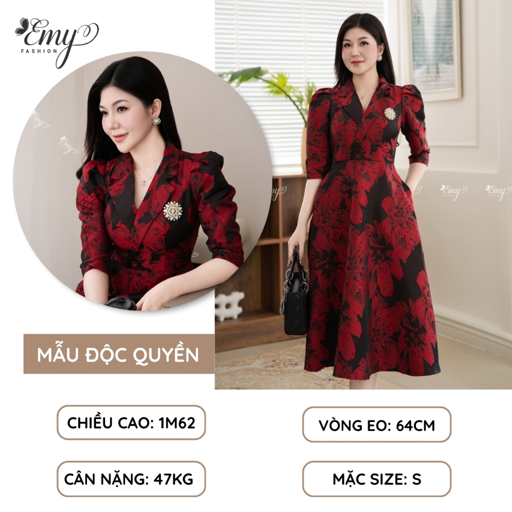 Ảnh Đầm Thiết Kế EMY Thời Trang Cao Cấp Trung Niên EM7436 Vải Gấm Taffeta, Nền Đen Hoa To Đỏ Đô Sang Chảnh Đi Tiệc 1