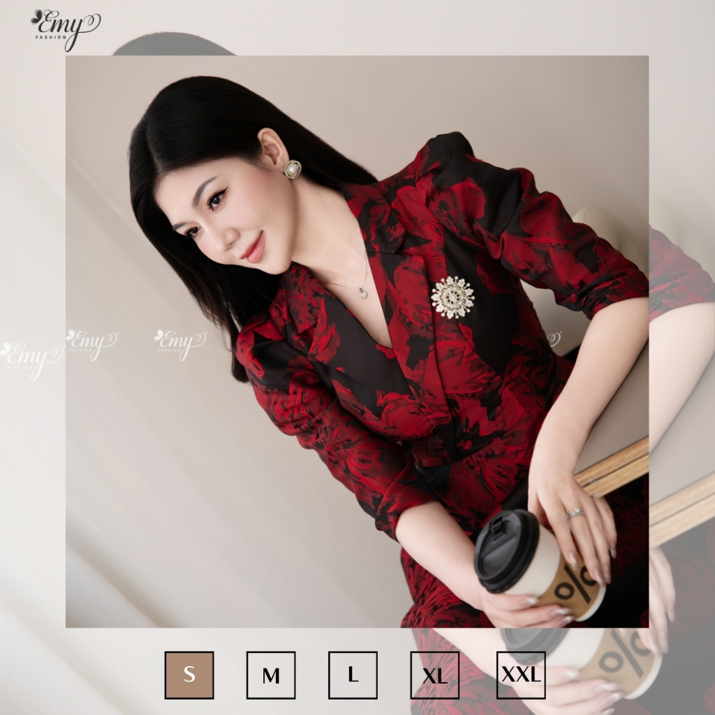 Ảnh Đầm Thiết Kế EMY Thời Trang Cao Cấp Trung Niên EM7436 Vải Gấm Taffeta, Nền Đen Hoa To Đỏ Đô Sang Chảnh Đi Tiệc 2