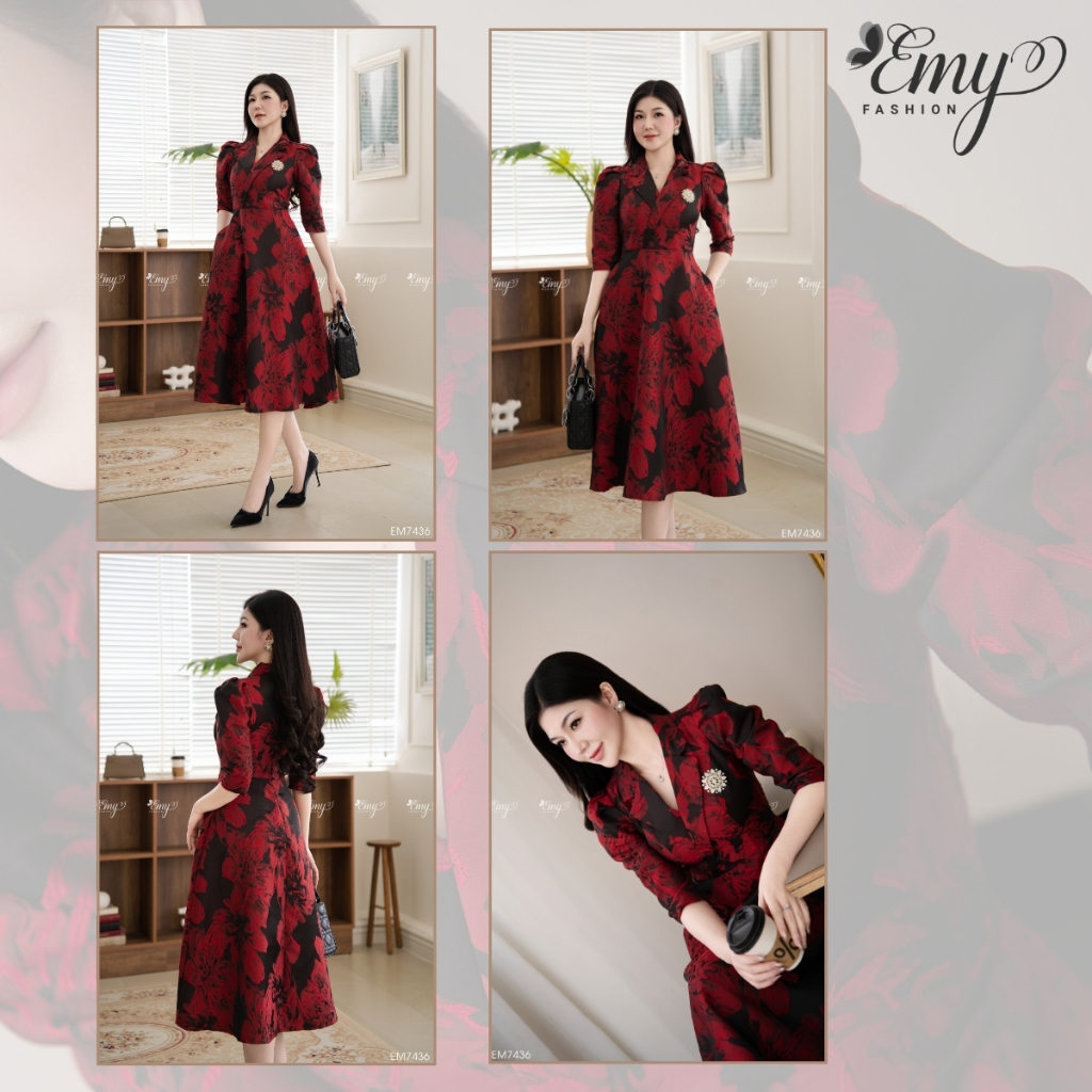 Ảnh Đầm Thiết Kế EMY Thời Trang Cao Cấp Trung Niên EM7436 Vải Gấm Taffeta, Nền Đen Hoa To Đỏ Đô Sang Chảnh Đi Tiệc 3