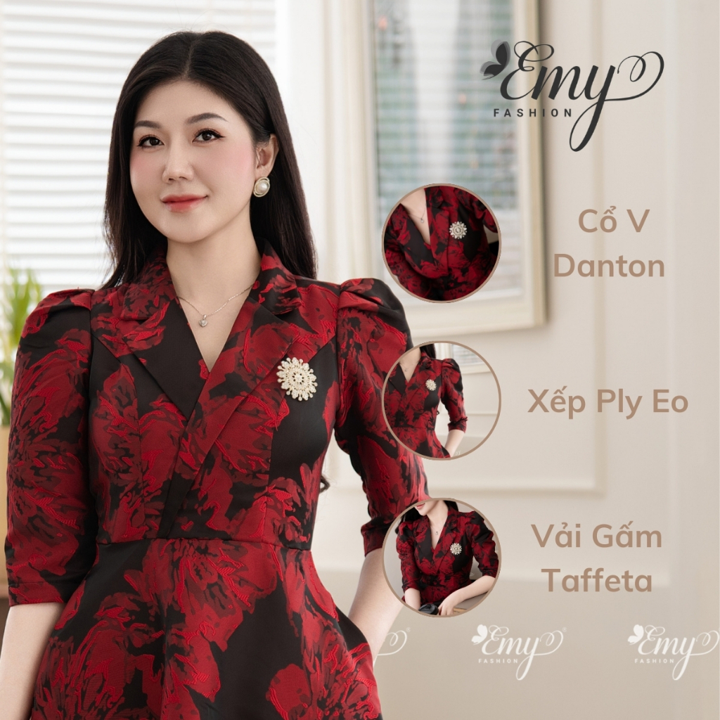 Ảnh Đầm Thiết Kế EMY Thời Trang Cao Cấp Trung Niên EM7436 Vải Gấm Taffeta, Nền Đen Hoa To Đỏ Đô Sang Chảnh Đi Tiệc 4