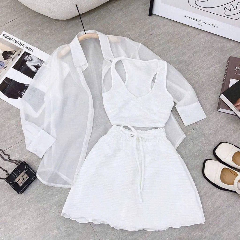 Sét sơ mi bé gái 3 món áo croptop chân váy ngắn size mẹ bé 12-56kg