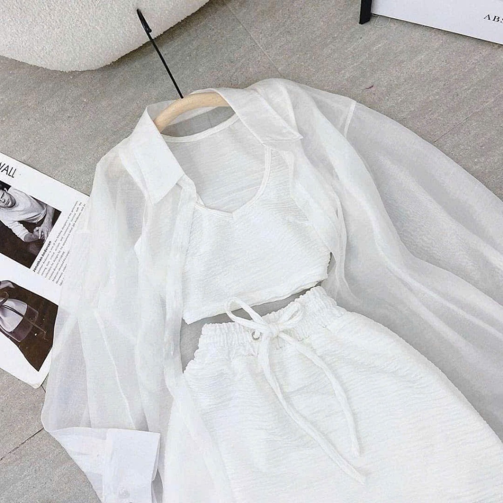 Sét sơ mi bé gái 3 món áo croptop chân váy ngắn size mẹ bé 12-56kg