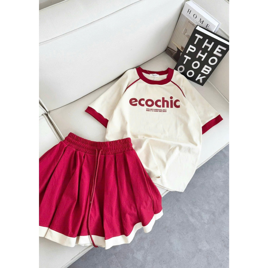 SALE LỚN sét bé gái áo thun chữ ecochic from rộng chân váy xếp ly cho mẹ và bé gái 12-55kg