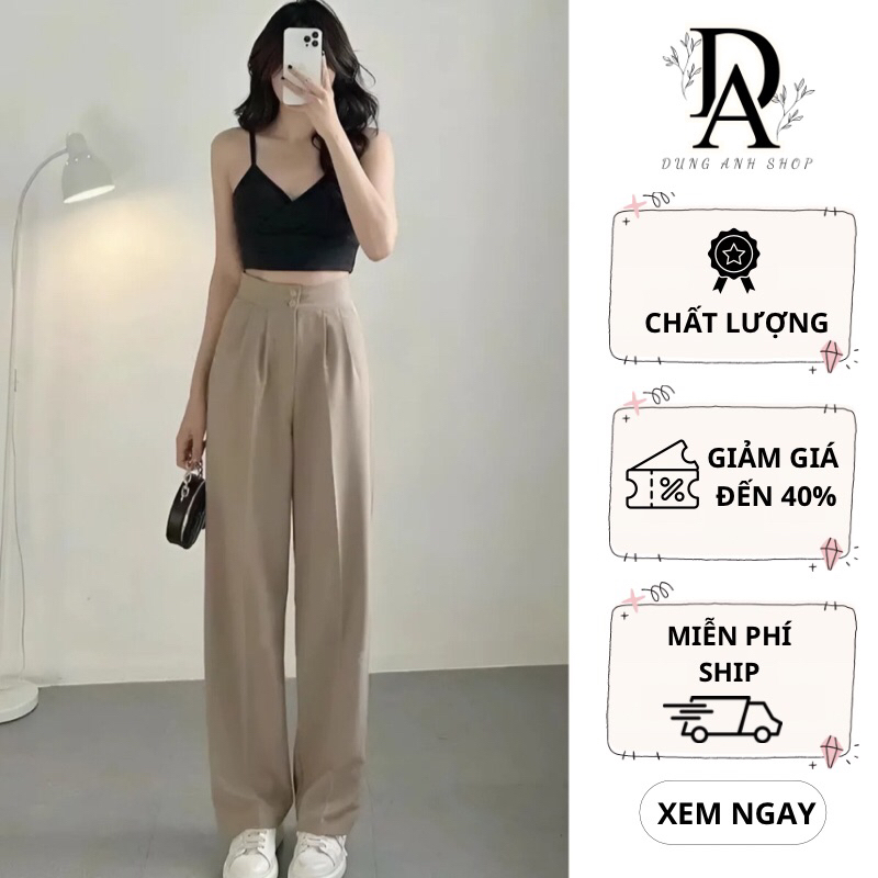 Quần Ống Suông Ống rộng Nữ 2 Khuy Lưng Cao Cạp To
