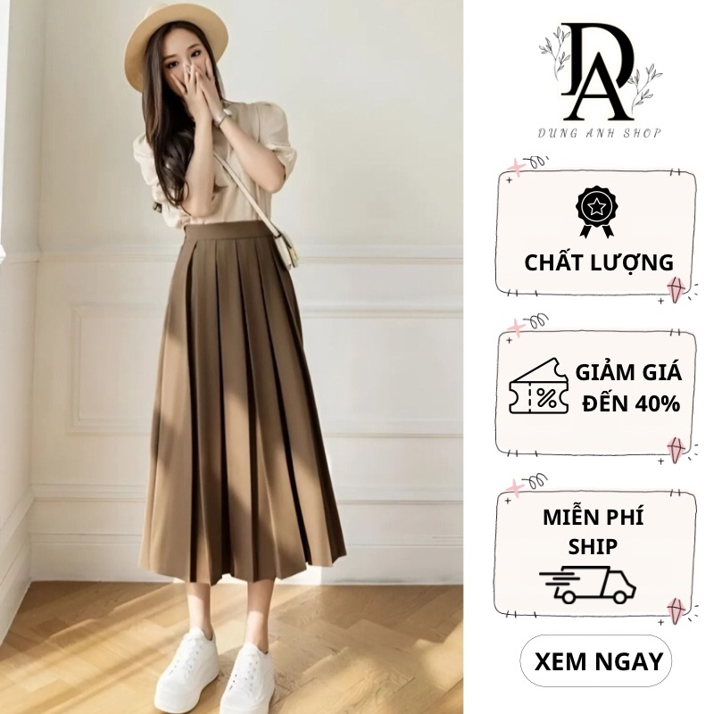 Chân váy xếp ly midi nữ dáng dài cạp cao có khóa