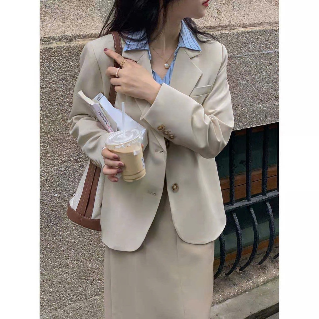 MEIQUIYI Áo Blazer Basic dáng lửng chạm mông có đệm vai nhẹ bốn màu cơ bản